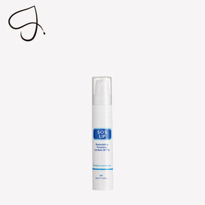 Lip balm container with 'SOS LIP' branding on a white background