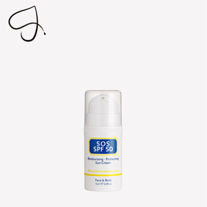 SOS SPF 50 sun cream bottle on a white background